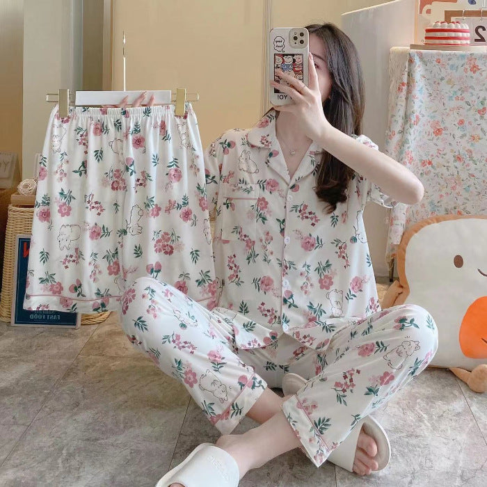 Women's Fruit Print Milk Silk Pajama Set Short Sleeve