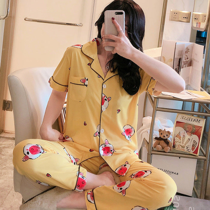 Unisex Lapel Suit Pajamas Milk Silk Regular Fit Lounge Set