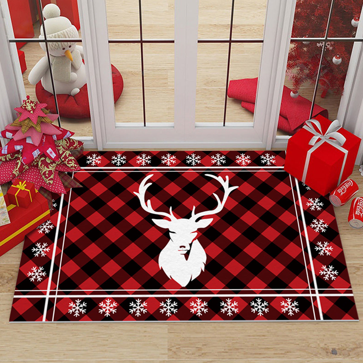 Christmas Non-slip Door Mat Black And Red Plaid Decorative Carpet