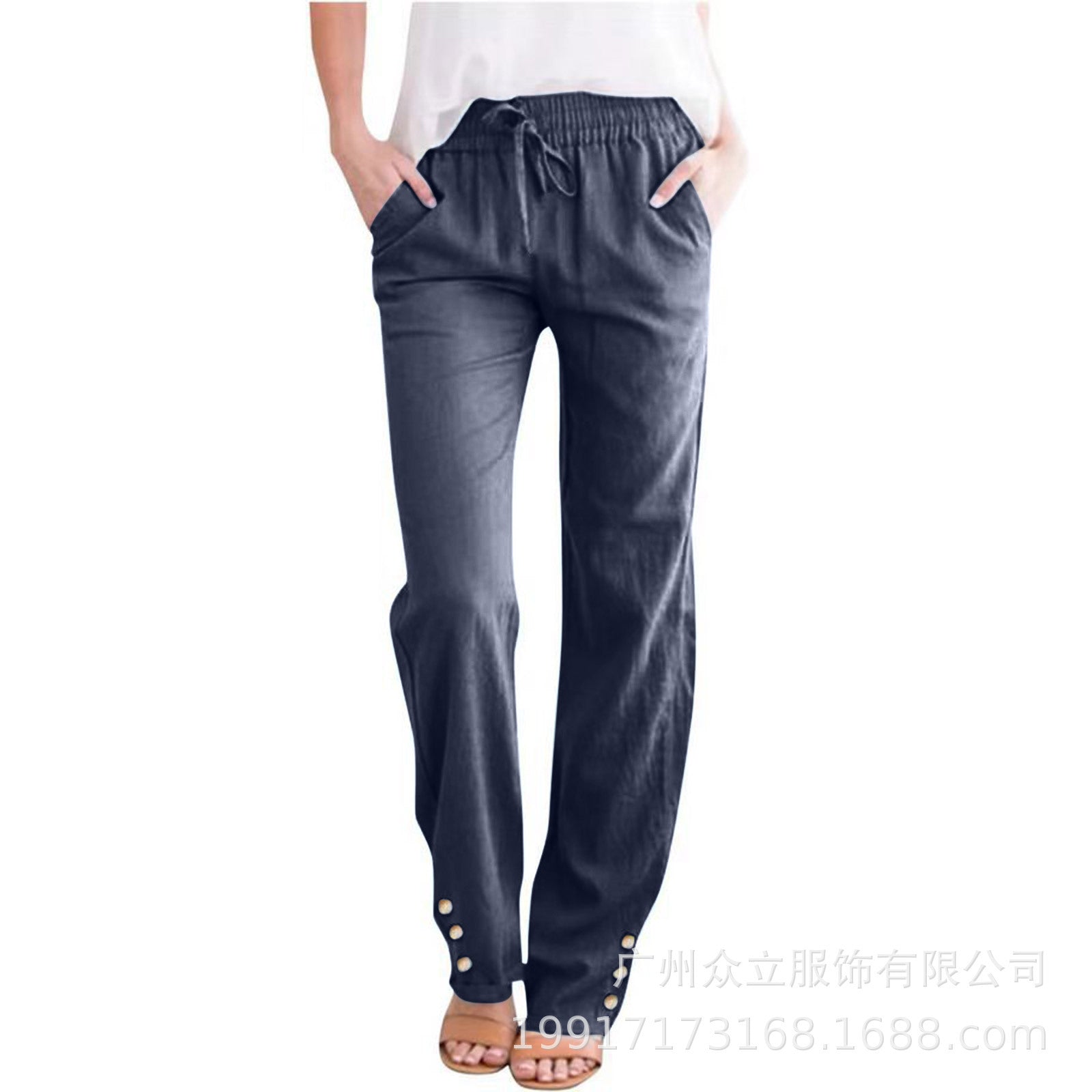 Women’s Cotton-Linen Casual Straight-Leg Pants with Straps