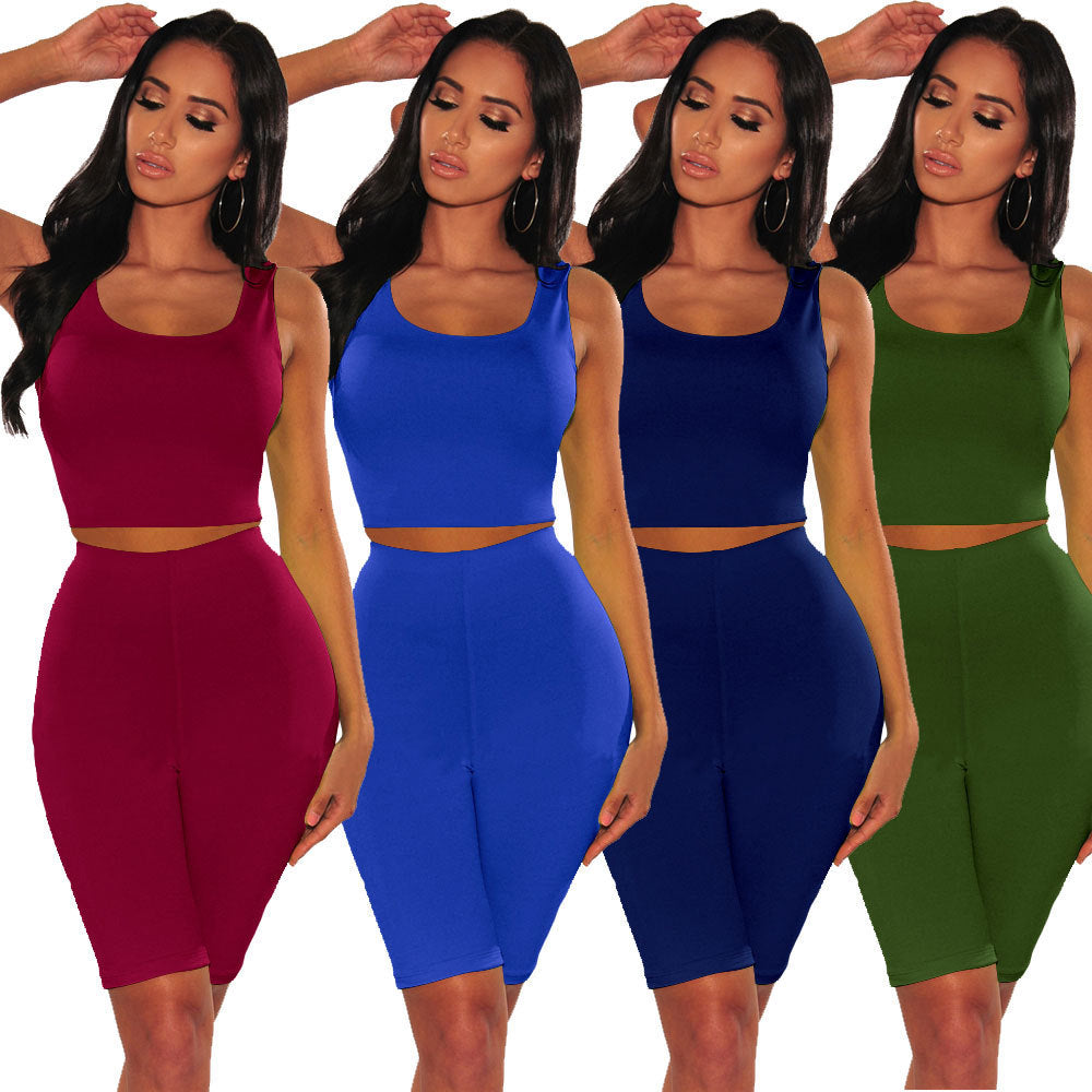 Women's Sleeveless Exposed Navel Two-Piece Suit – Crop Top and High-Waist Shorts