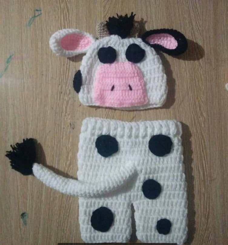 MooSnug™ Hand-Knitted Cow Suit – Wool & Cotton Hat + Pants Set