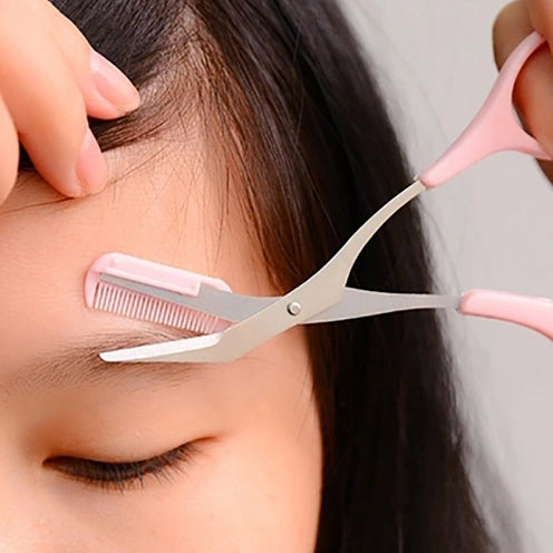 Pink Eyebrow Trimming Scissors with Comb – Ergonomic Handle & Straight Blade