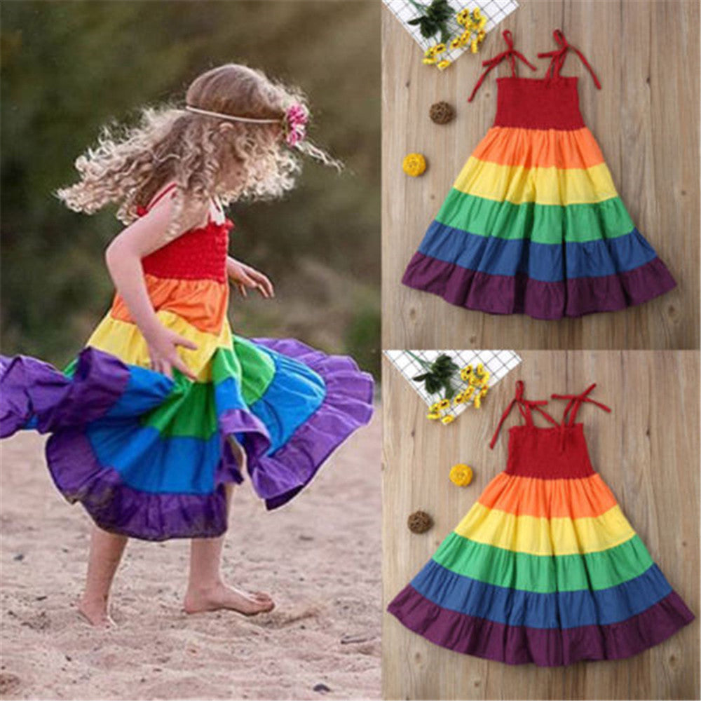 Girls Cotton Aline Rainbow Stripe Dress Casual Wear