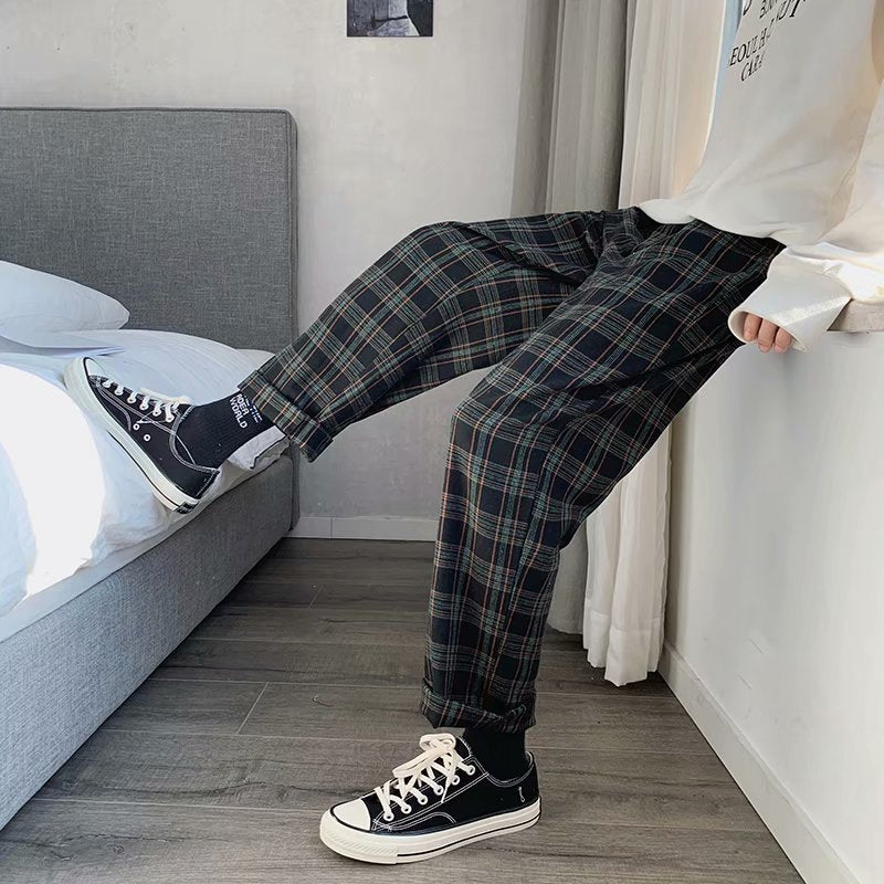 Men’s Korean Plaid Loose Harem Pants – Retro Casual Style