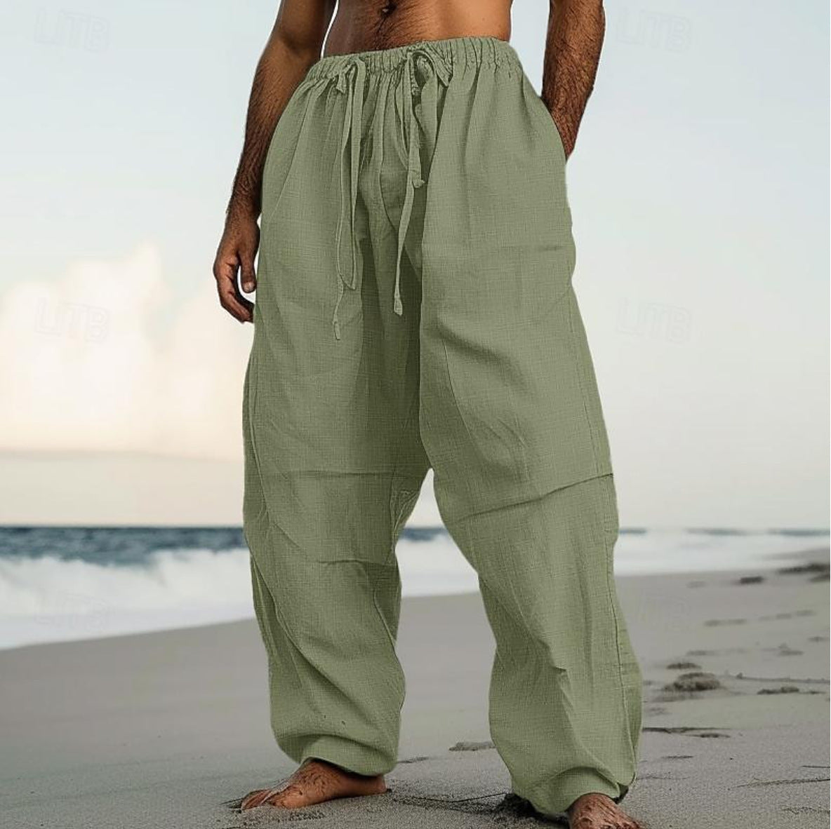 Men’s Beach Straight-Leg Pants – Plain Color Comfortable Daily Wear
