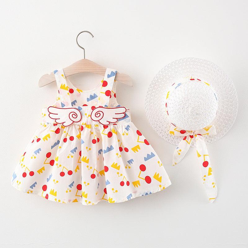 Summer New Girl's Big Dot Wings Princess Dress Hat Beach Dress