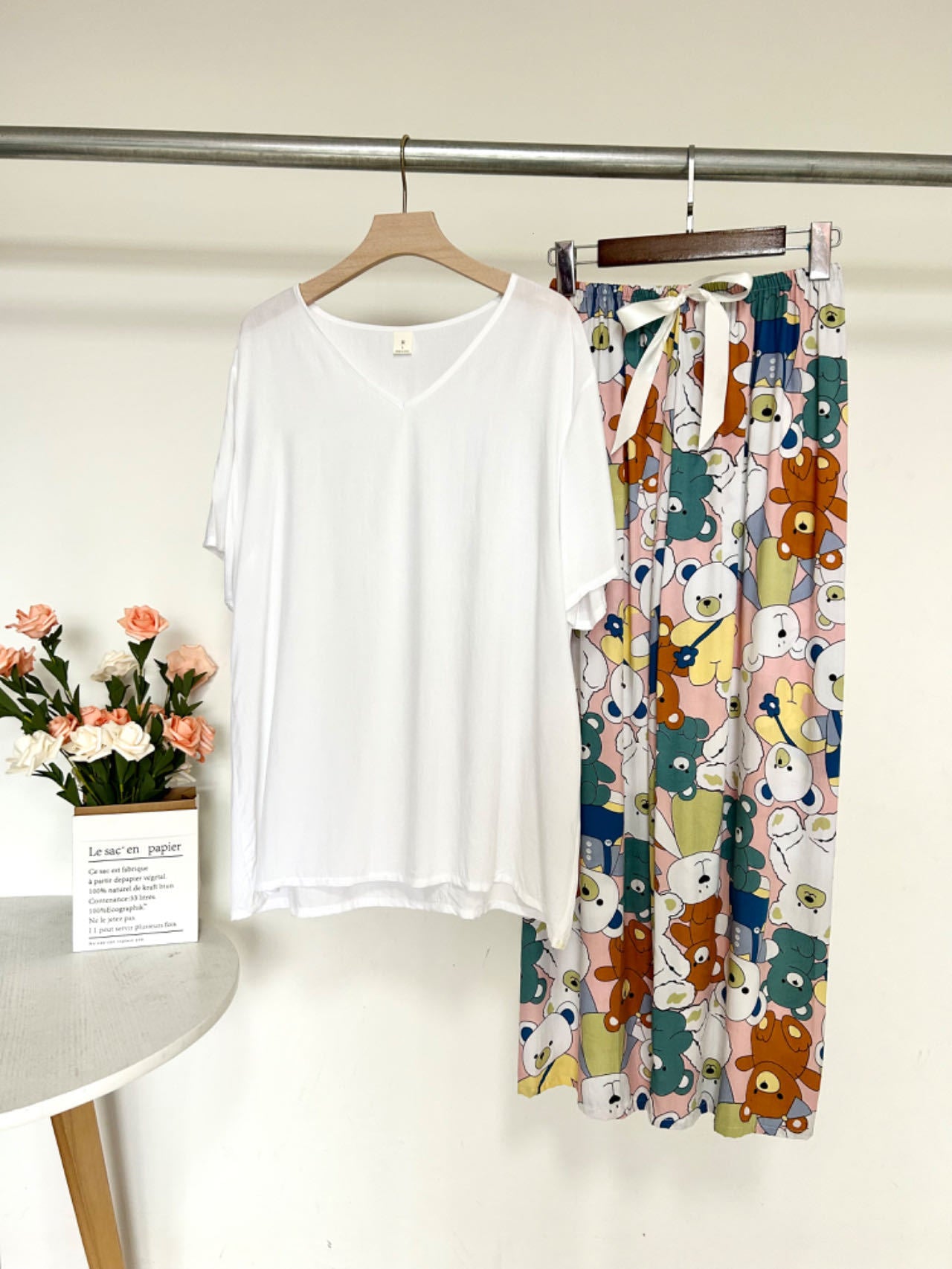 Summer Artificial Cotton Thin Short Sleeve Pants Loungewear Suit