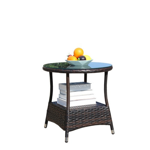 Brown Rattan Outdoor Patio Round Coffee Table with Clear Tempered Glass Top