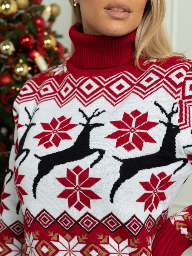 Men’s & Women’s Couple Wear Christmas Elk Jacquard Turtleneck Sweater – Cozy Pullover