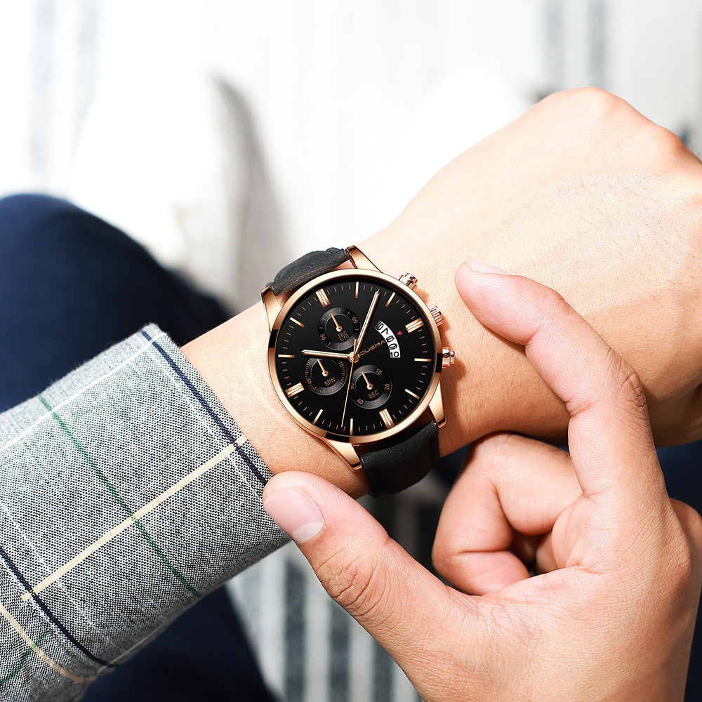 Men’s Business Quartz Watch – Three-Eye Design with Calendar