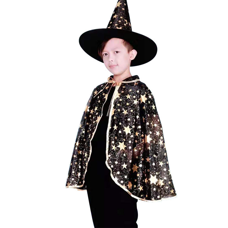Kids Wizard Cloak Costume with Hat Star Print Polyester Cape for Halloween Party Dress Up