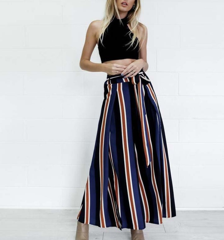 Women’s Striped Wide-Leg Split Hem High Waist Cotton Pants – Casual Streetwear