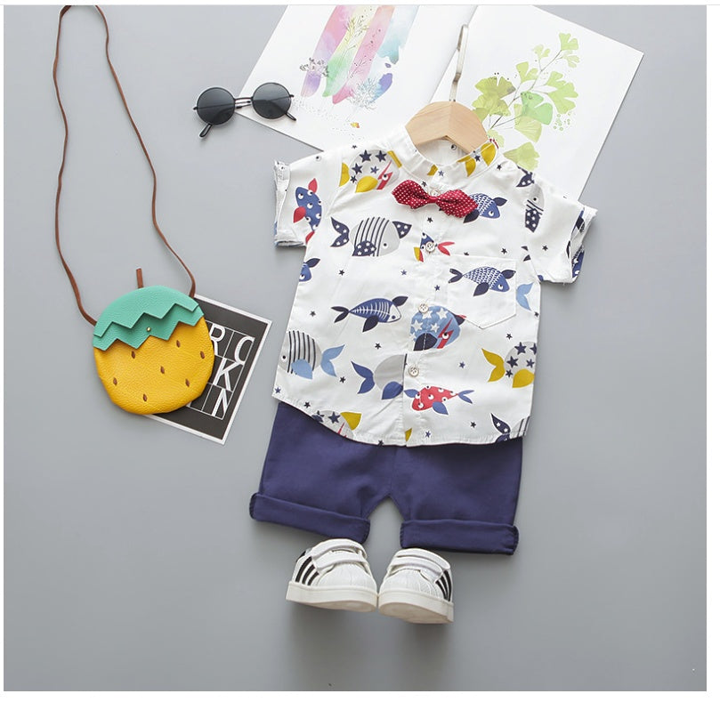 Toddler Boys Gentleman Outfit Set – Short Sleeve Cartoon Bow Tie Shirt with Solid Shorts (Infant Kids Fashion Set)