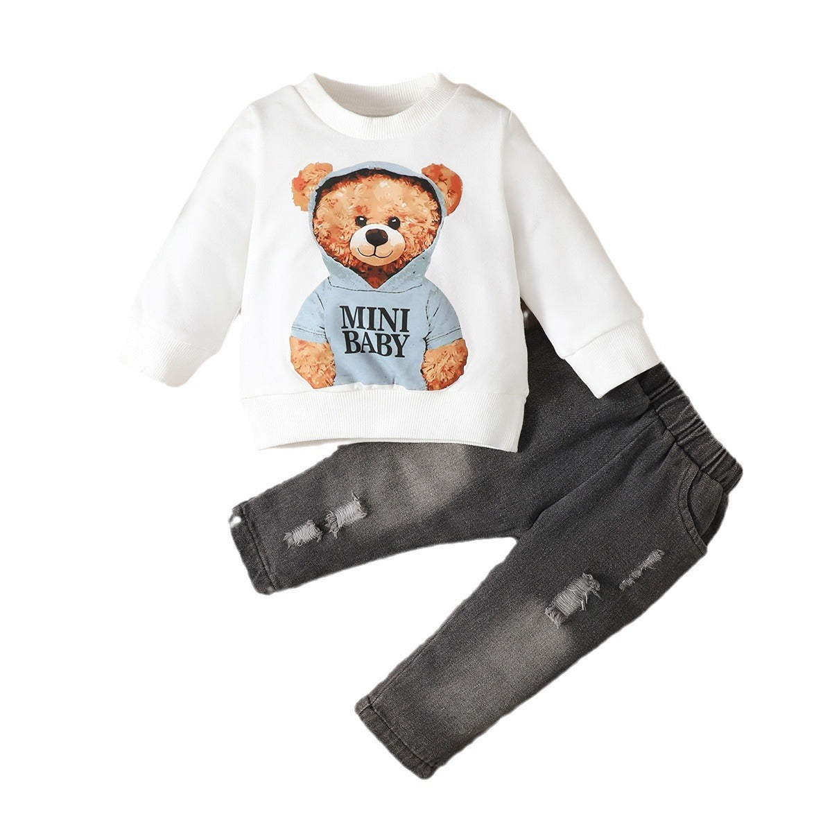 Bear Floral Print Long Sleeve Pullover And Denim Trousers Suit