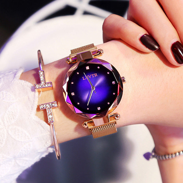 Slim Rose Gold Women's Diamond Starry Sky Magnet Strap Watch