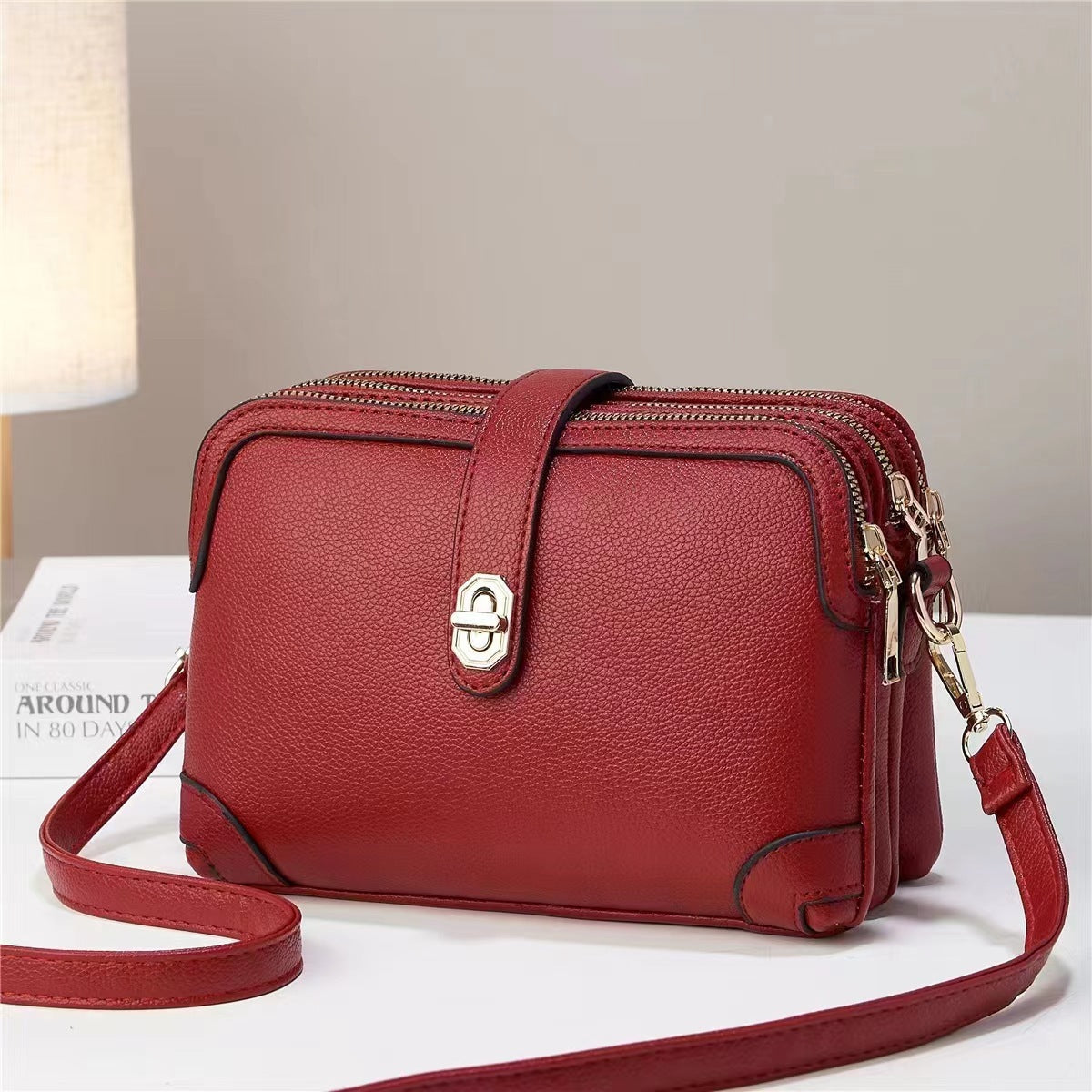 Multi-Layer Lychee Pattern Soft Leather Crossbody Bag – Western Style Small Square Shoulder Bag
