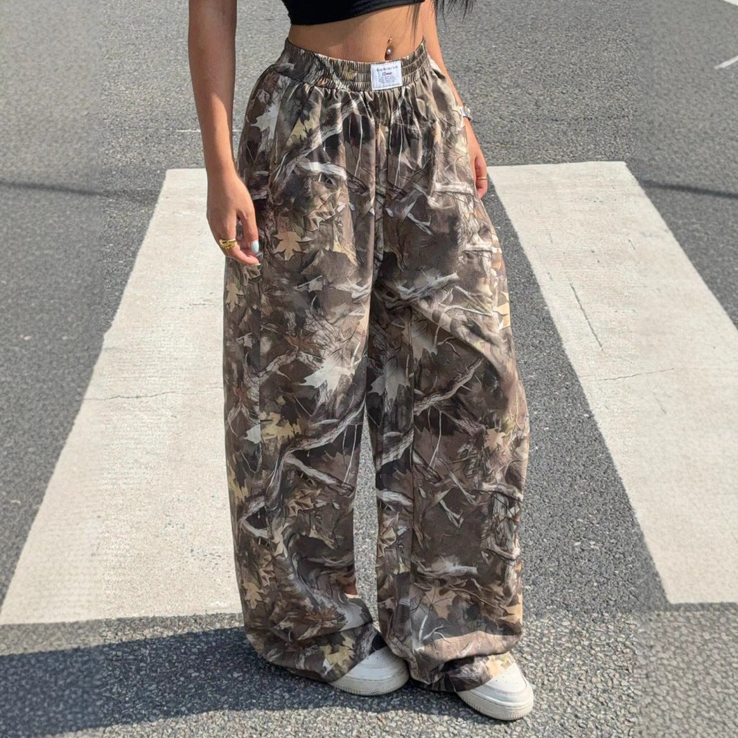 High Waist Loose Fit Branch Pattern Pants – Comfortable Casual Style
