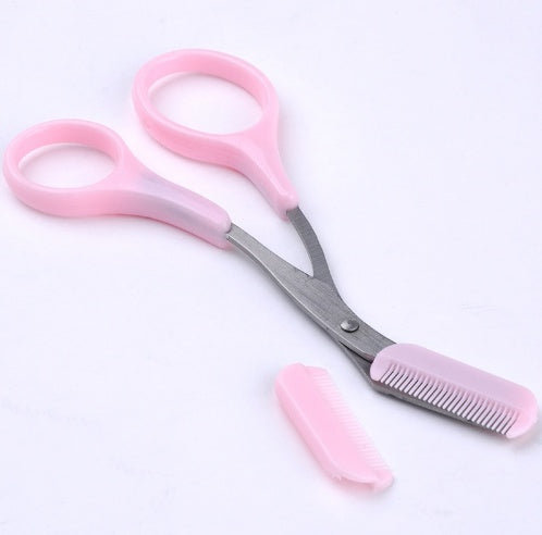 Pink Eyebrow Trimming Scissors with Comb – Ergonomic Handle & Straight Blade