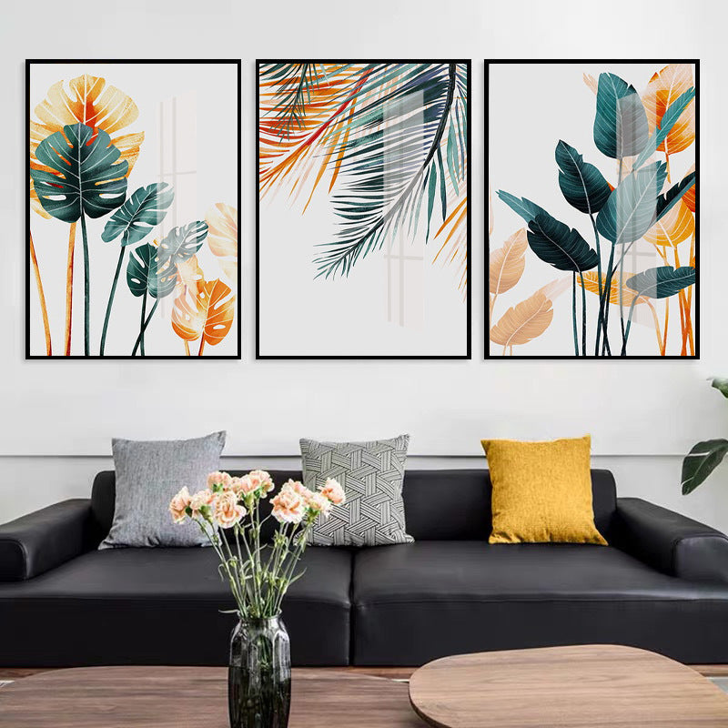 Tropical Plant Wall Art – Simple Green & Gold Leaf Oil Painting Canvas Decor