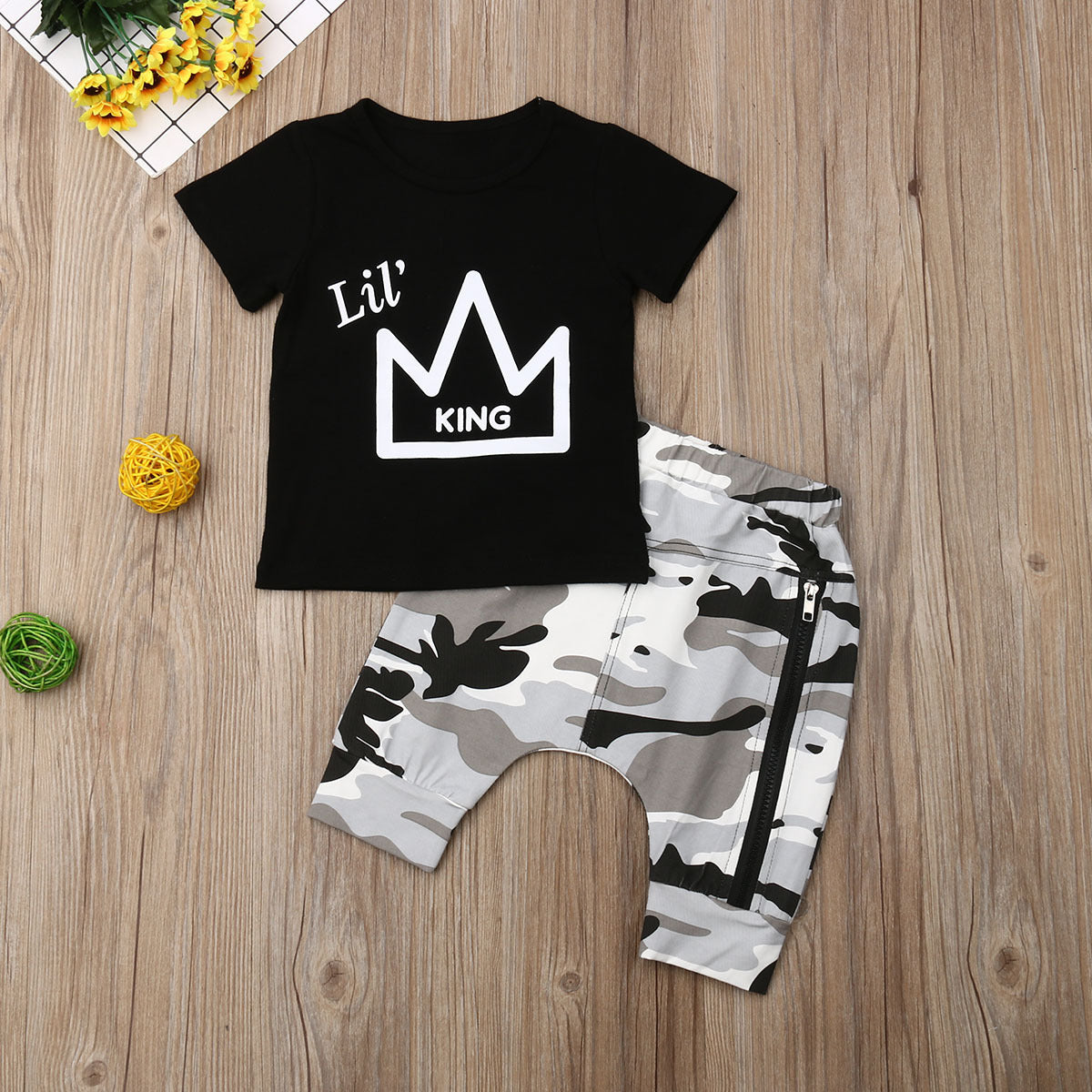 Crown Print Camouflage Two-Piece Set