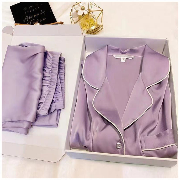 Short-sleeved Solid Color Loungewear Silk Two-piece Set