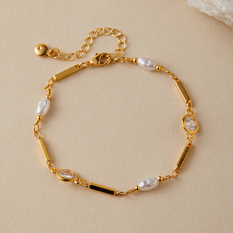 Women's 18K Gold Color Bracelet – Round Zircon & Pearl Copper Design