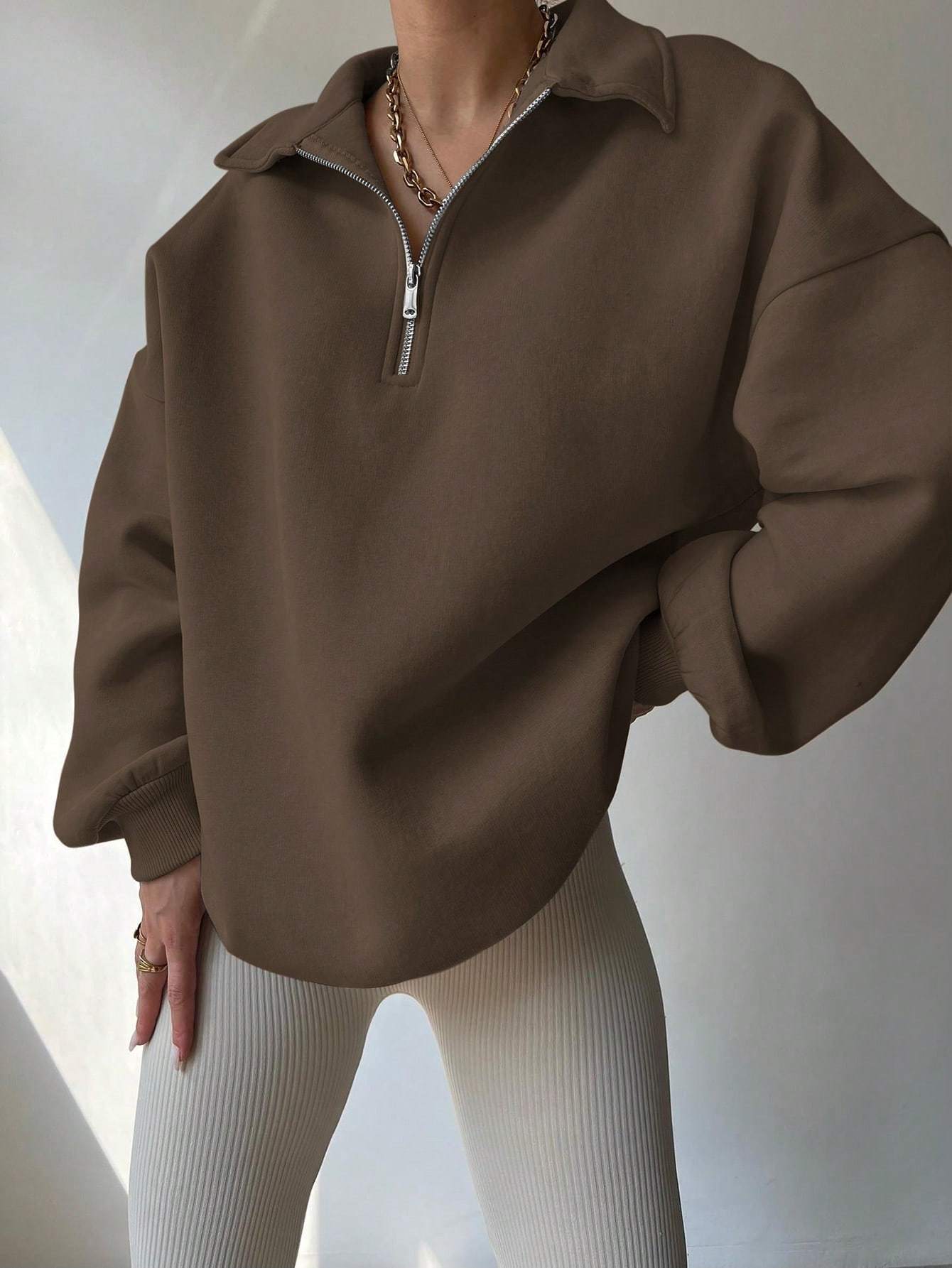 Women Plain Front Zipper Long Sleeve Simple Hoodie