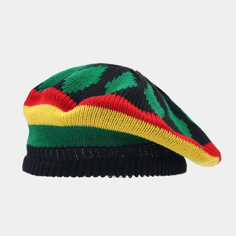 Jamaica Wig Woven Hat Women's Retro Yellow And Green Stitching Beret