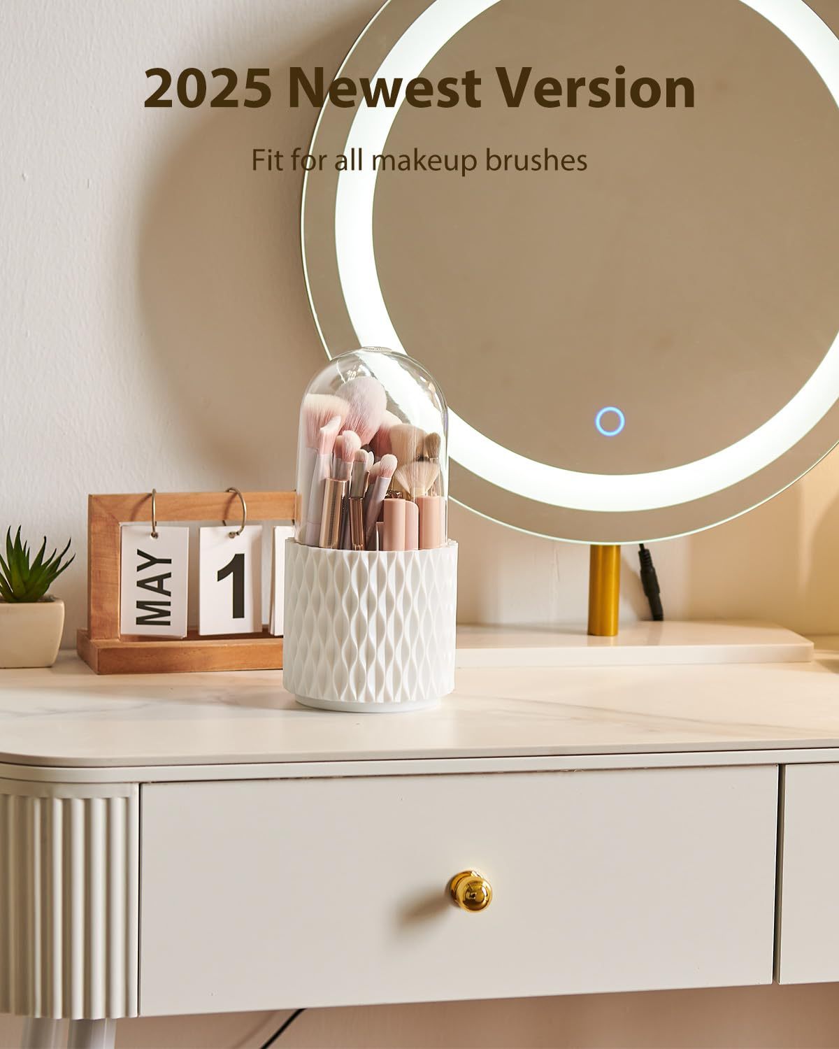 Makeup Brush Holder – Dustproof Waterproof 360° Rotating Organizer with Lid for Vanity