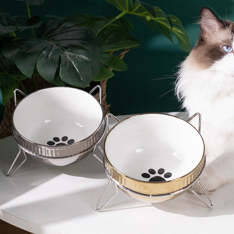Plating Ceramic Anti Overturning Oblique Mouth Small Dog Bowl