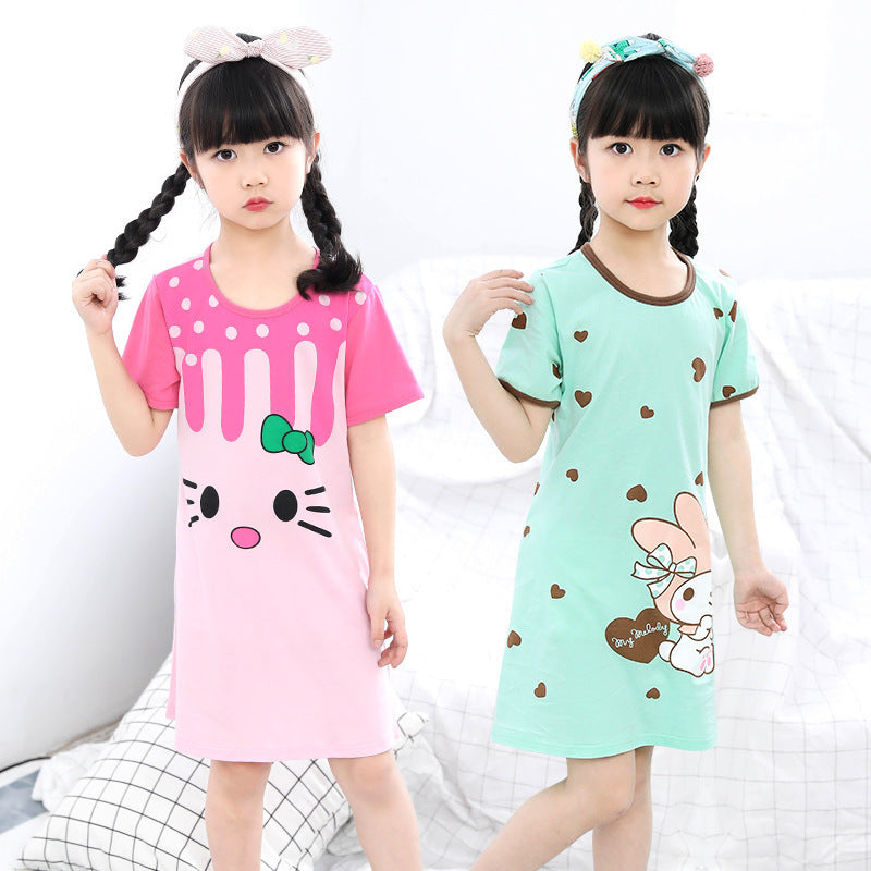 Girls' Summer Short-sleeved Dress Fashionable Printed Pajamas