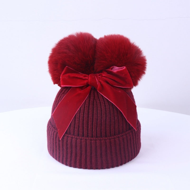 Double Ball Bow Knit Hat For Thick And Warm
