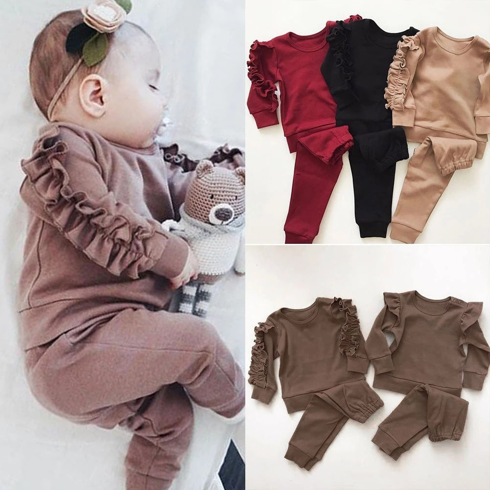 Newborn Baby Boys Girls 2Pcs Outfit – Ruffle Long Sleeve Sweatshirt Tops and Pants Set for Fall