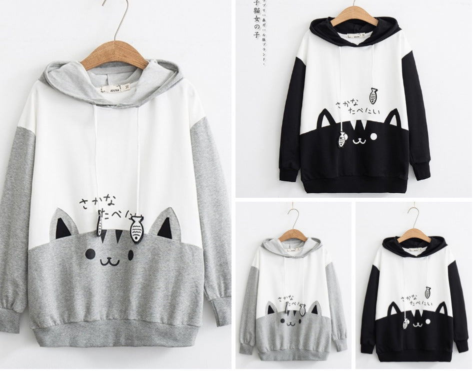 Japanese Mori Style Female Cat Print Long Sleeve Hoodie Jacket