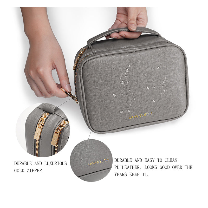 PU Leather Makeup Bag – Double Layer Storage with Mobile Phone Holder