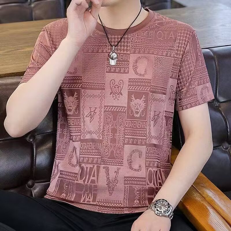 Men's Floral Round Neck Short Sleeve Polyester Shirt
