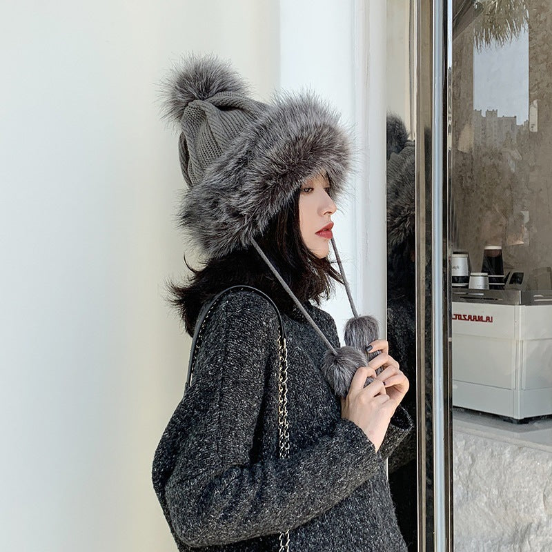 All-match Cute Woolen Knitted Ear Caps Plus Velvet Thick Winter