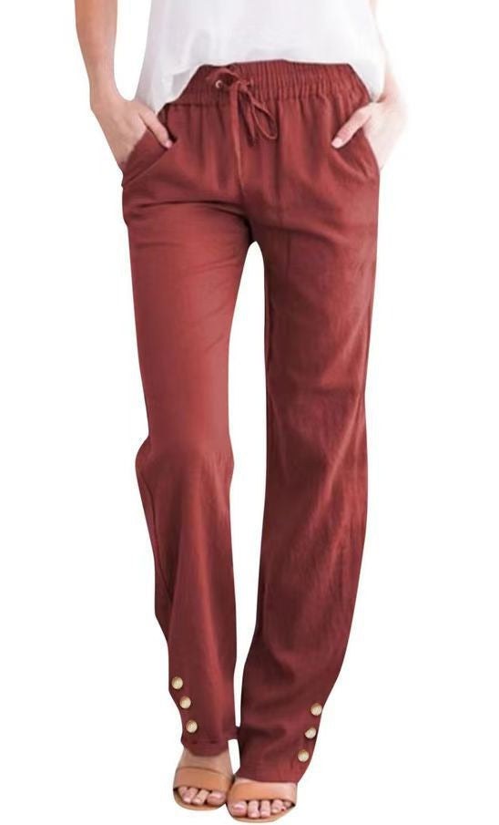 Women’s Cotton-Linen Casual Straight-Leg Pants with Straps
