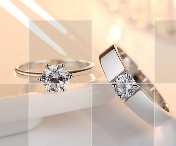 Elegant Adjustable White Gold-Plated Stainless Steel Crystal CZ Couple Engagement Rings