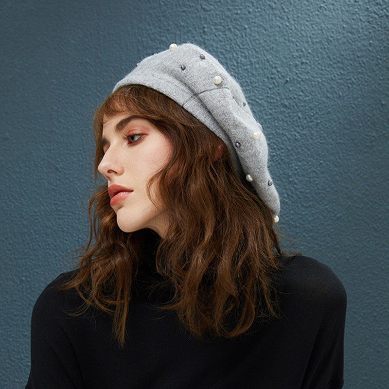 Elegant Pearl-Embellished Korean Rabbit Fur Women’s Autumn Winter Beret