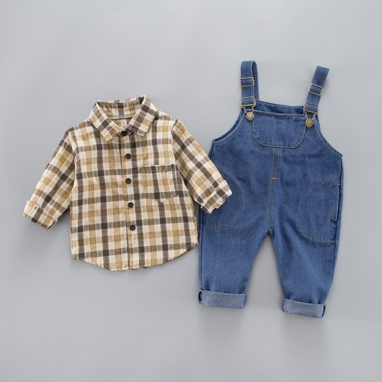 Children’s Long-Sleeved Plaid Shirt with Denim Strap Coverall