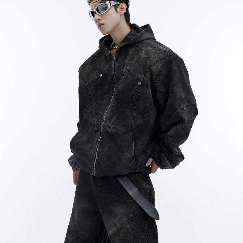 Distressed Padded Shoulder Hooded Denim Jacket Suit Metal Embellished Jeans