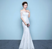 Lace-Up Back Tulle Fishtail Wedding Dress with Embroidered Qi-Style Shoulders