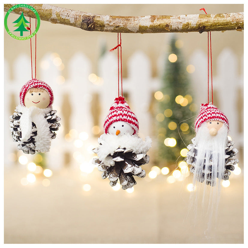 Christmas Wooden Doll Pine Cone Pendant Mini Hanging Decoration