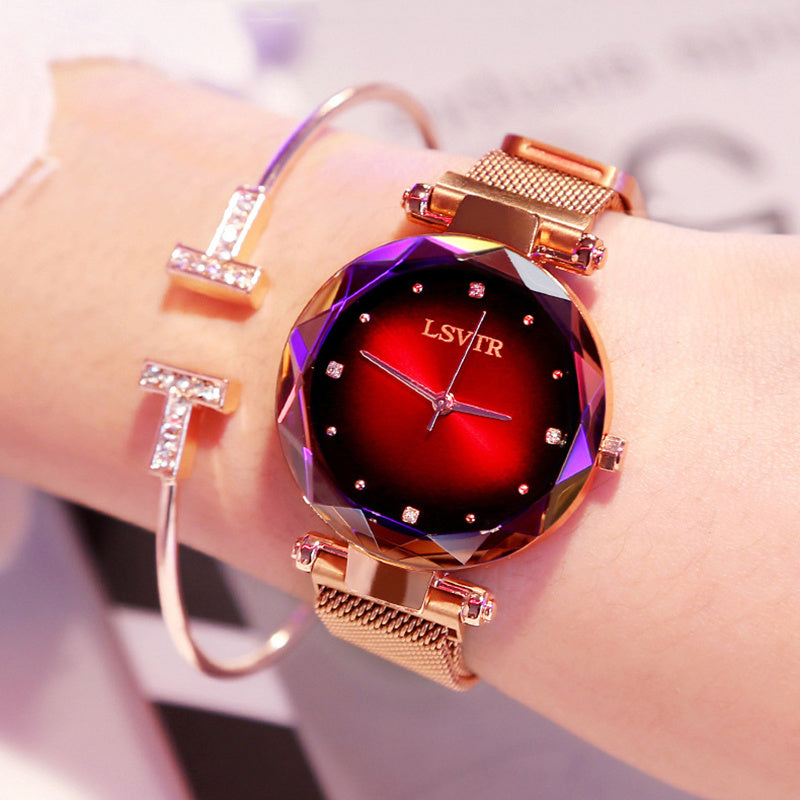 Slim Rose Gold Women's Diamond Starry Sky Magnet Strap Watch