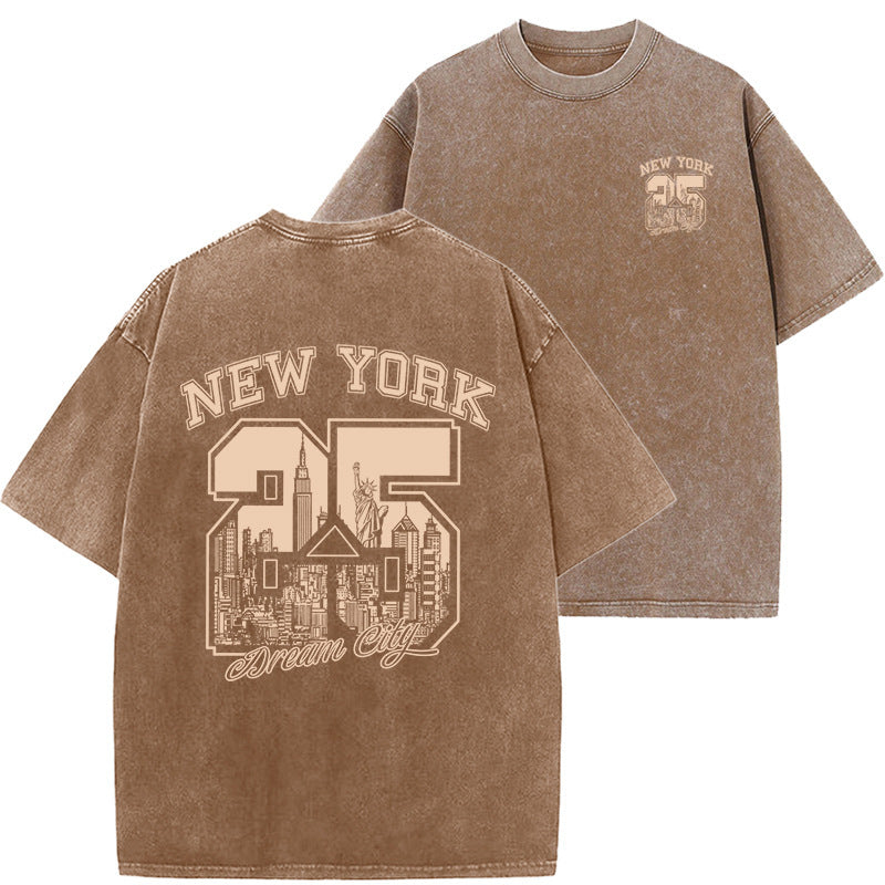 Unisex Relaxed Washed Vintage Print Short Sleeve Cotton Tee
