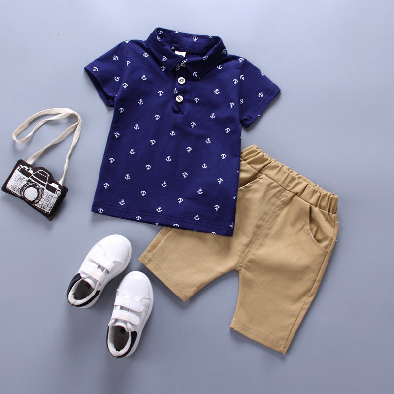 Anchor Print Short Sleeve Kids Suit Set Cotton Blend