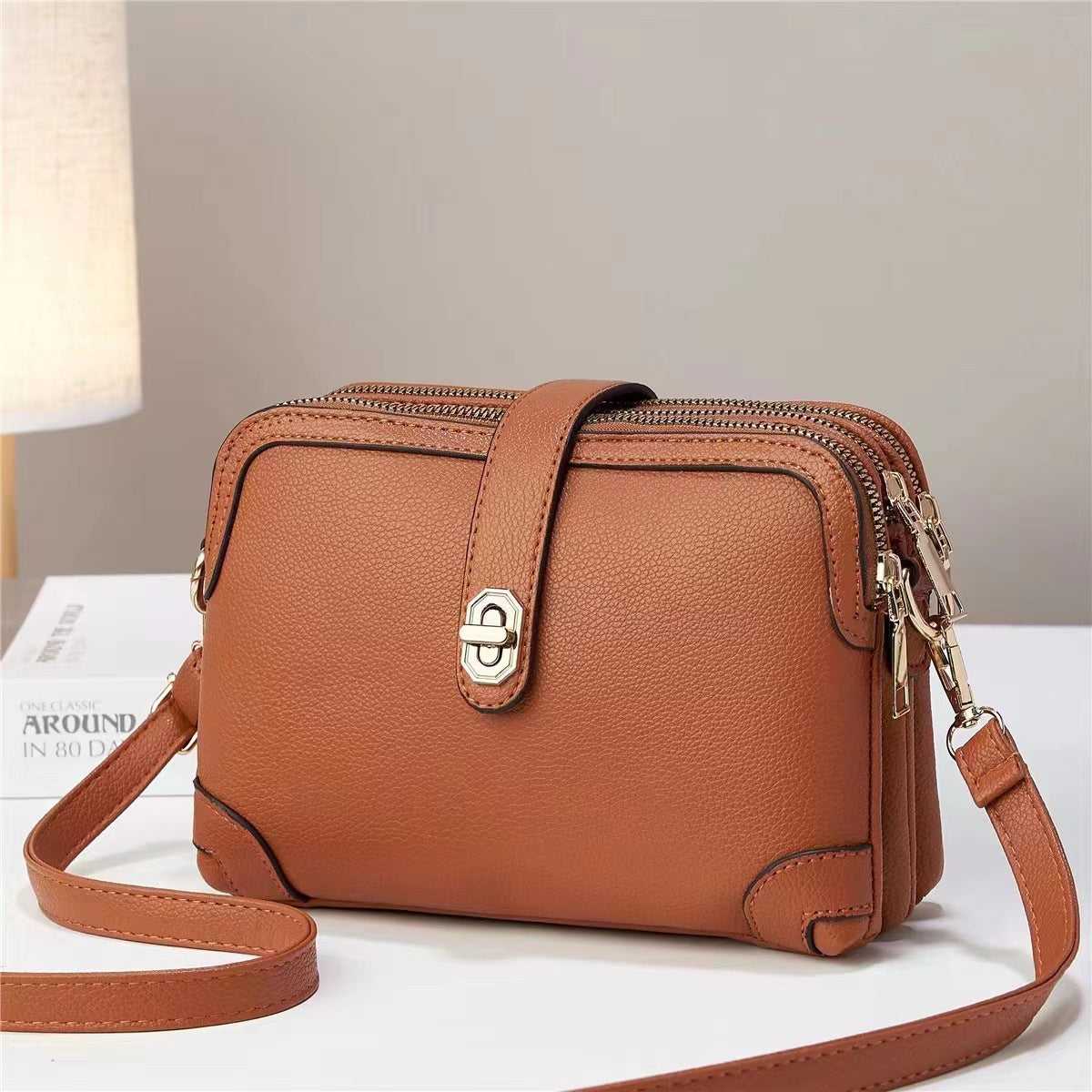 Multi-Layer Lychee Pattern Soft Leather Crossbody Bag – Western Style Small Square Shoulder Bag
