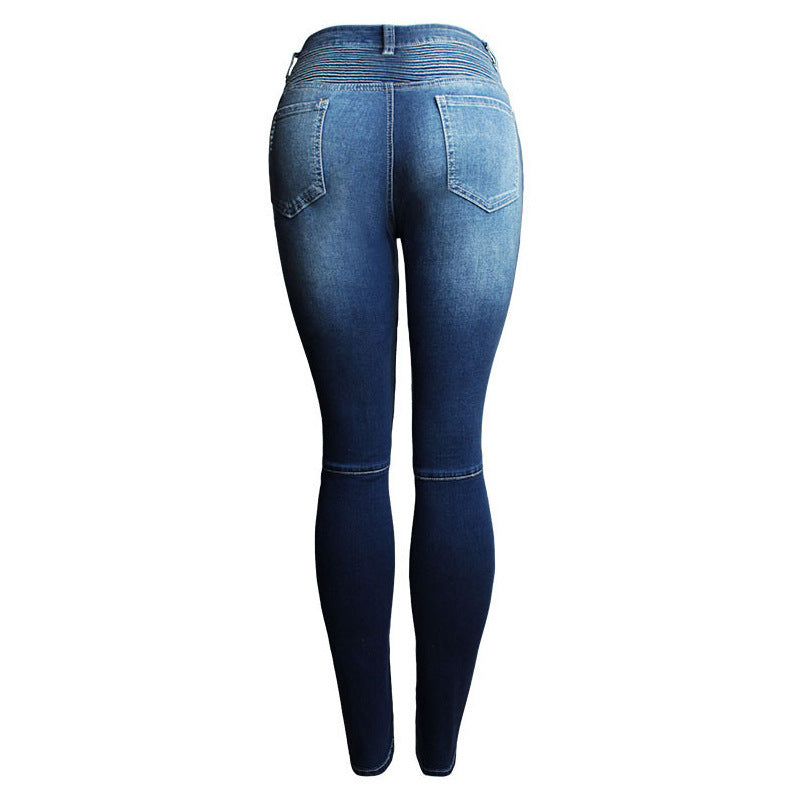 Women's Motorcycle Biker Jeans – Mid to High Waist Stretch Skinny Denim Pants with Zipper